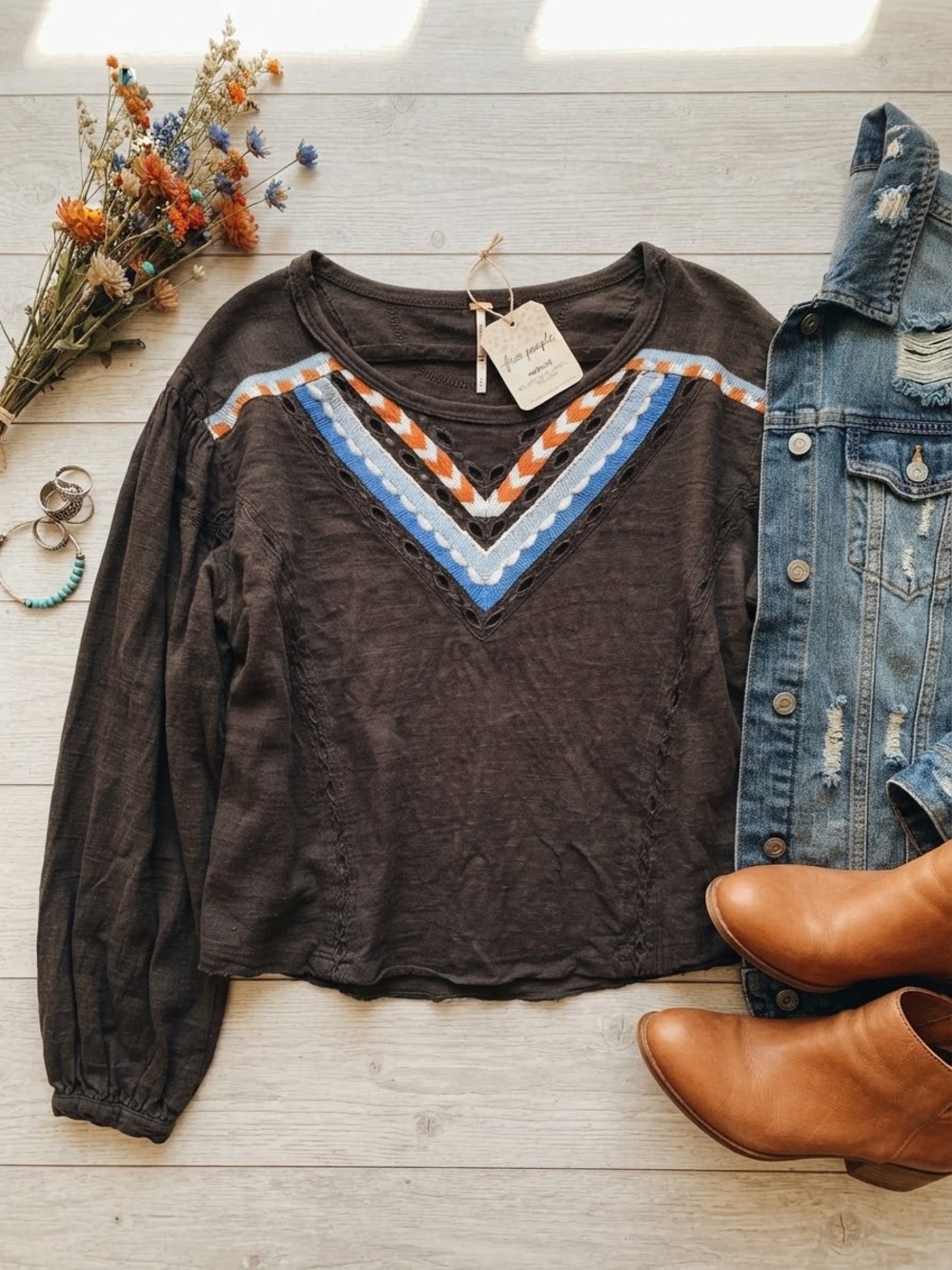 Free People Embroidered Boho Long Sleeve Top Charcoal Gray Size Medium